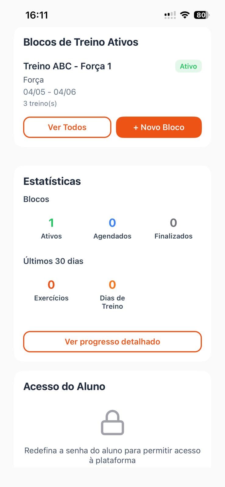 App do aluno Reavit mostrando o treino do dia com registro de execução